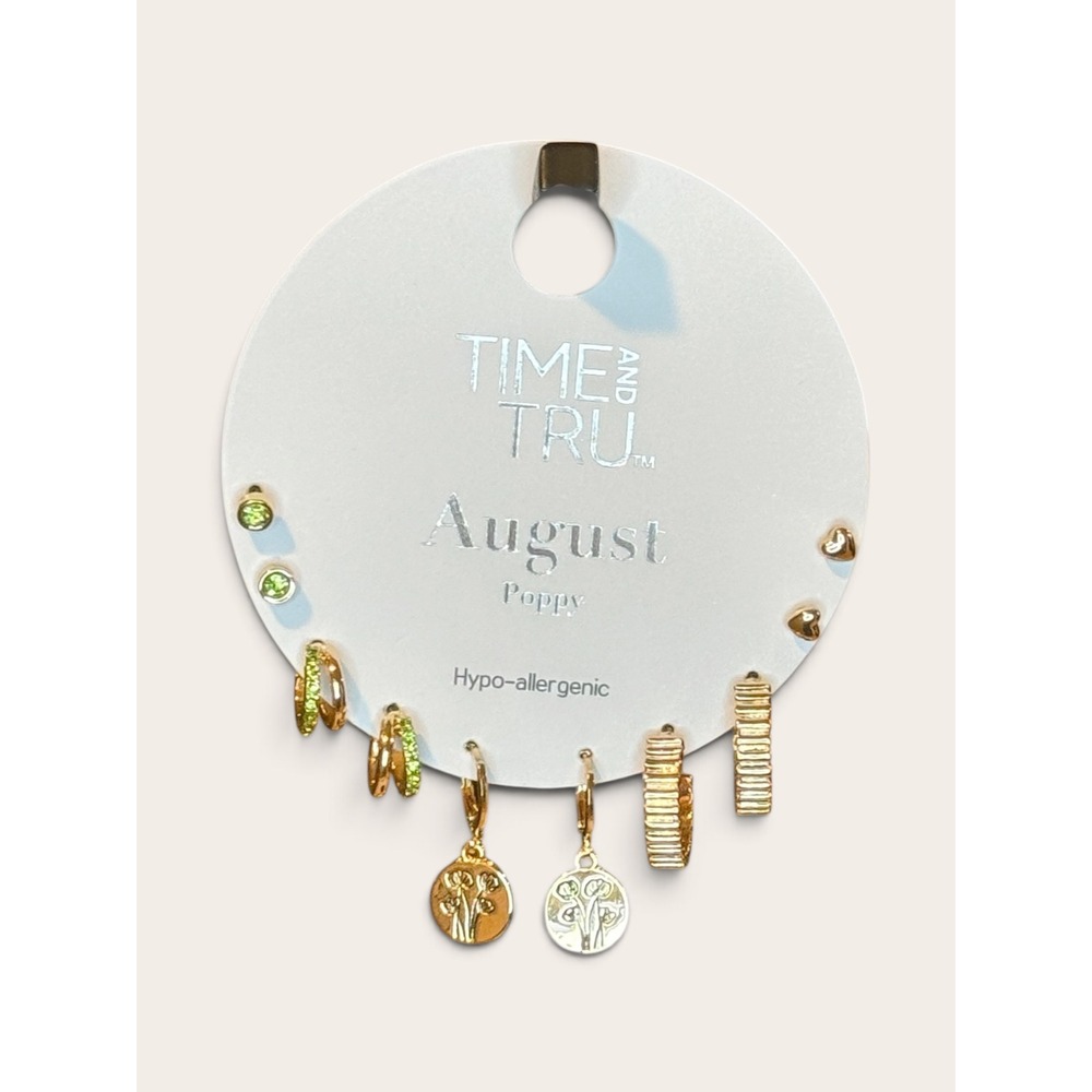 Time and Tru August Birth Month Poppy Earring Set Gold Tone Green 6 Pairs NEW